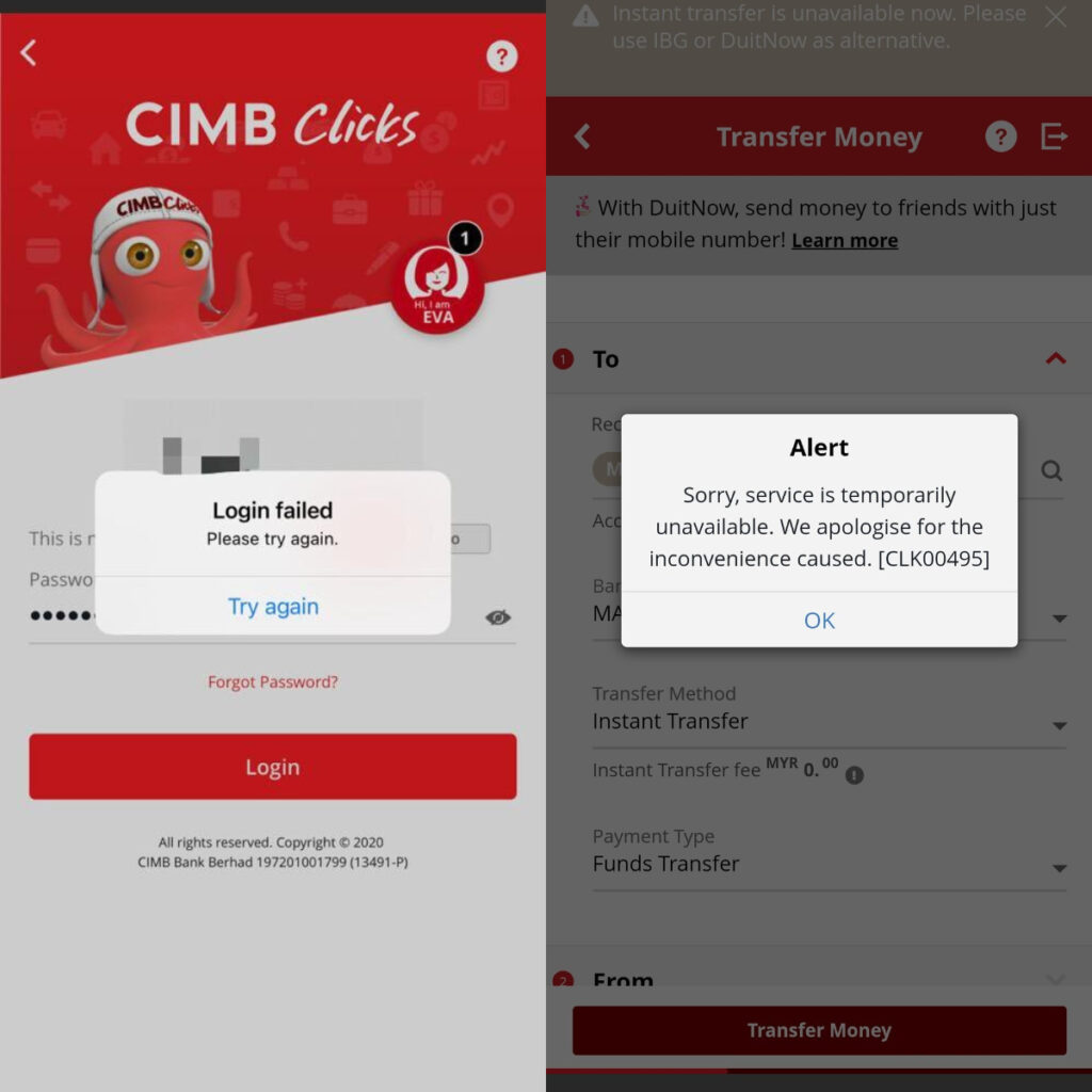 CIMB用户注意！CIMB Clicks目前面临故障，无法使用Instant Transfer转账！用户受促转用IBG或DuitNow转账！